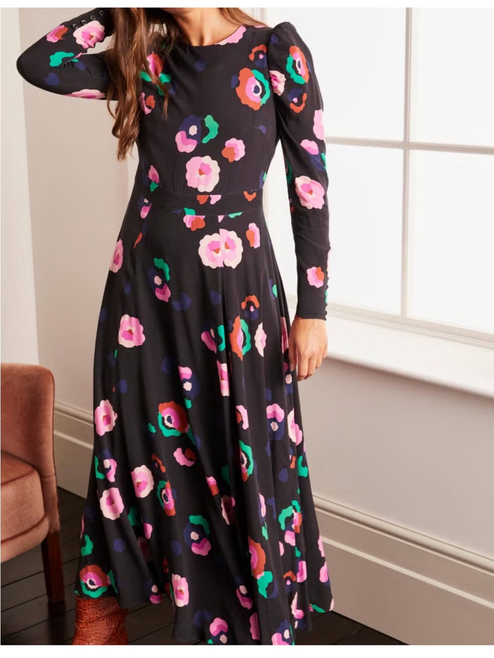 Black Floral Maxi Dress with Pink & Green Blooms size 6